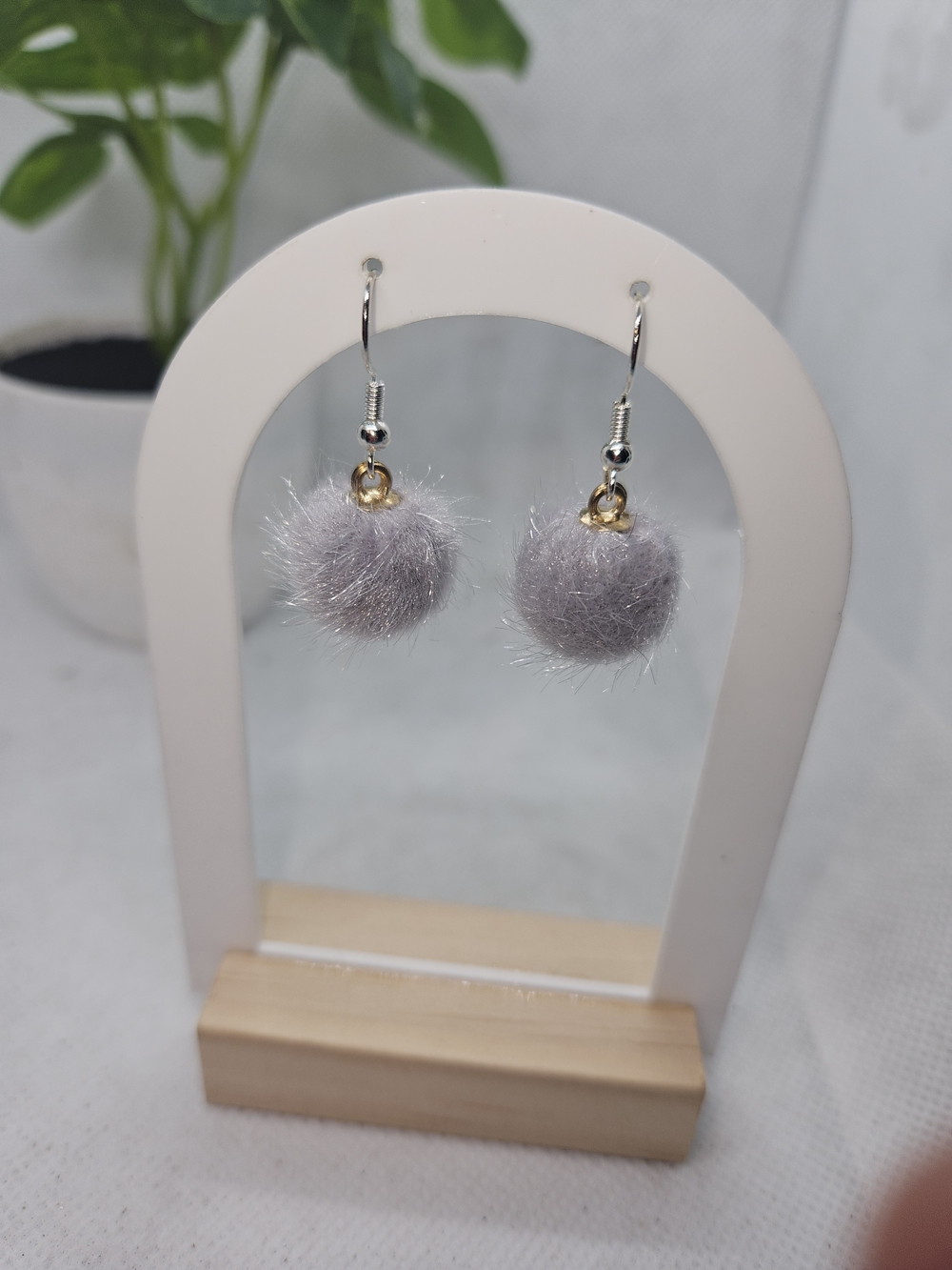 Gray Faux Fur Pom Drop Earrings with Gold Accents